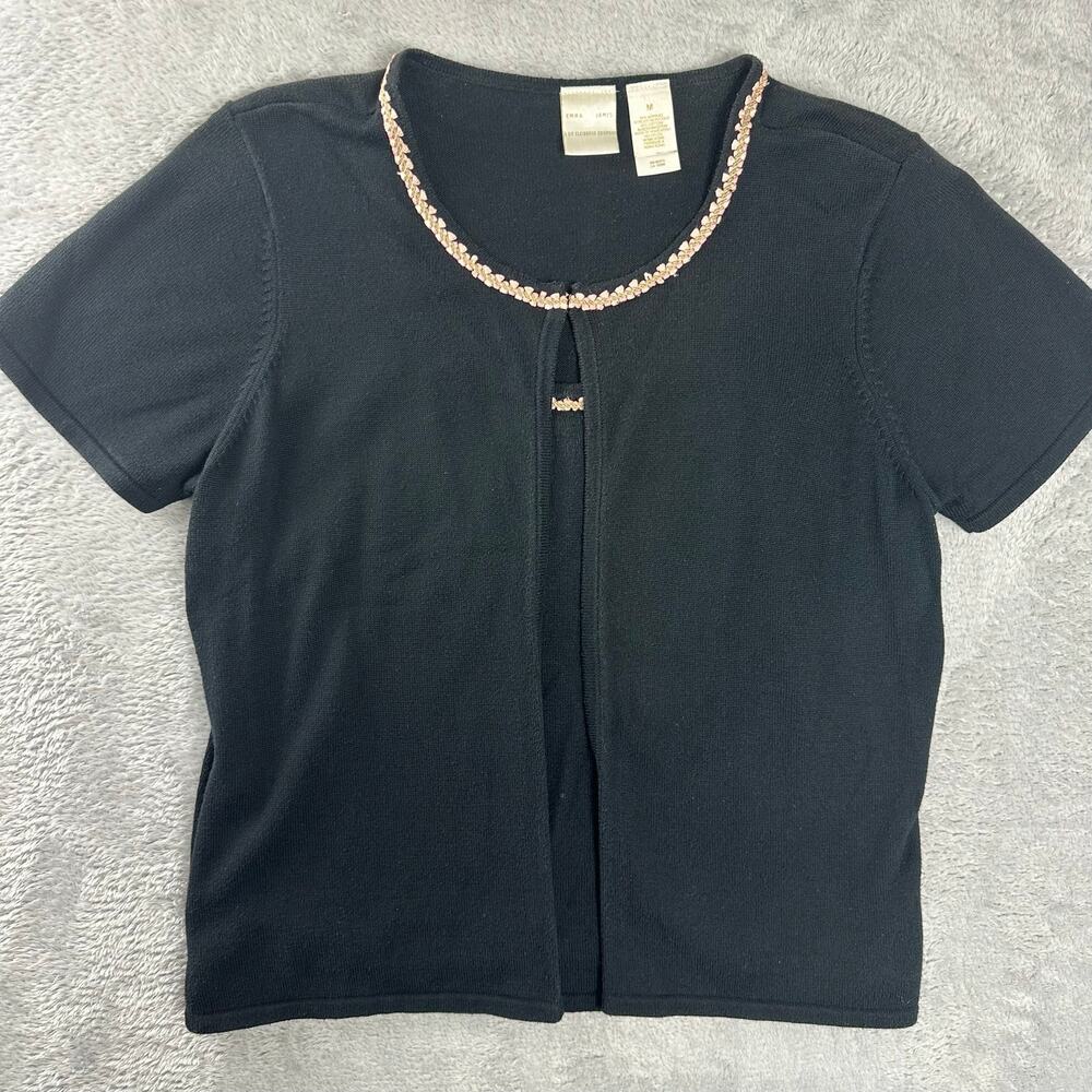 Y2K Emma James Black Floral Embroidered Baby Tee Dark Cottagecore Goth - M